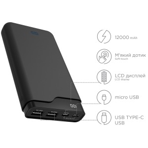 Power bank ERGO LI-U6 TYPE-C, 12000 mAh Rubber Black Power bank ERGO LI-U6 TYPE-C, 12000 mAh Rubber Black